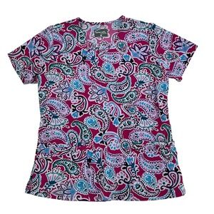 Butter-Soft Paisley Scrub Top Women Medium Pink Purple Stretch V-Neck Boho Work